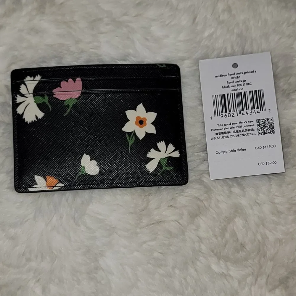 Kate Spade Madison Floral Waltz Printed Black Card Holder New $89